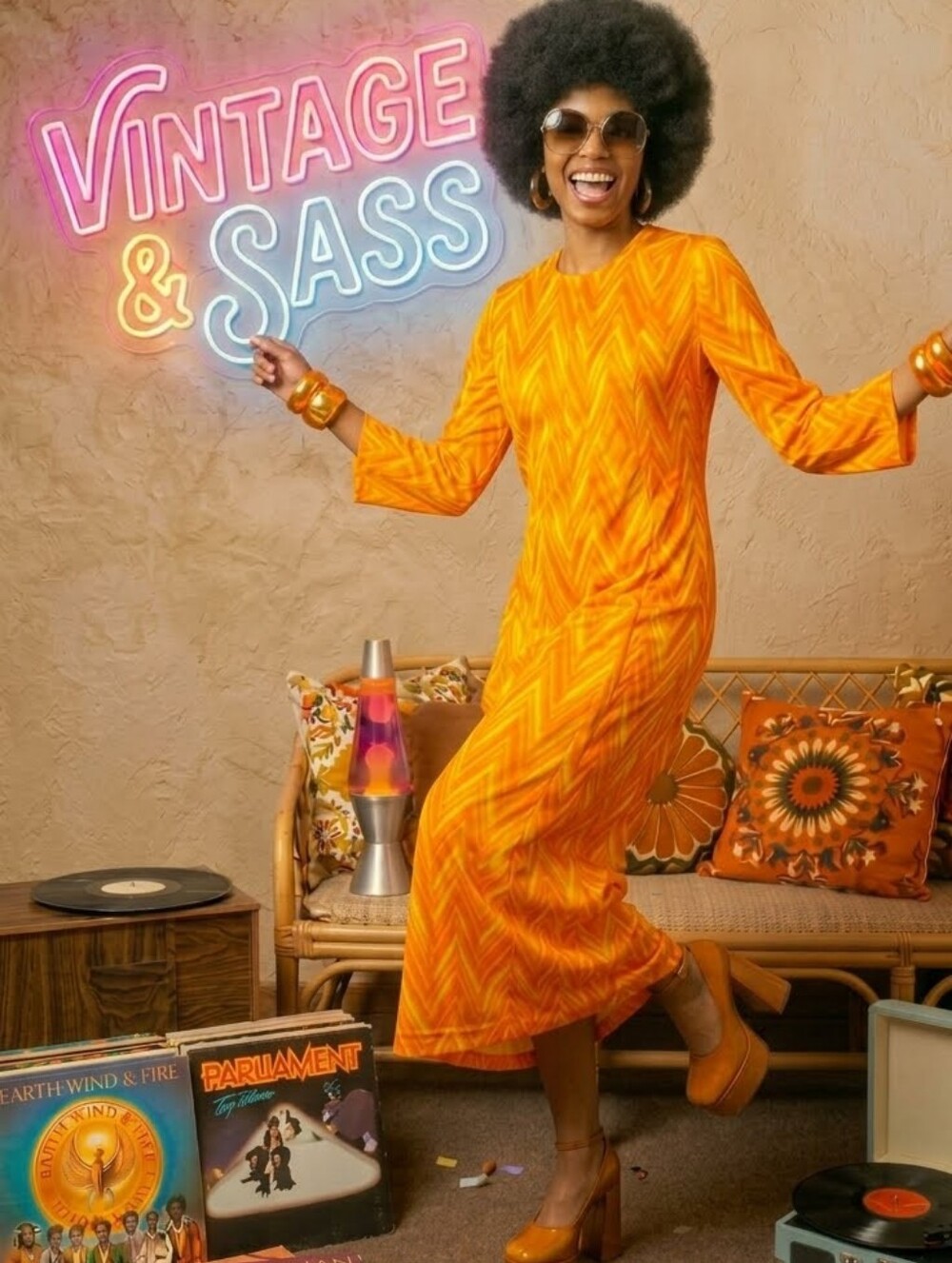 VTG 70s Miss K of San Francisco Chevron Maxi Dress Orange Yellow Psychedelic M